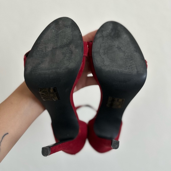 Suede Red/ Gold Ankle Strap Heels - Picture 6 of 6